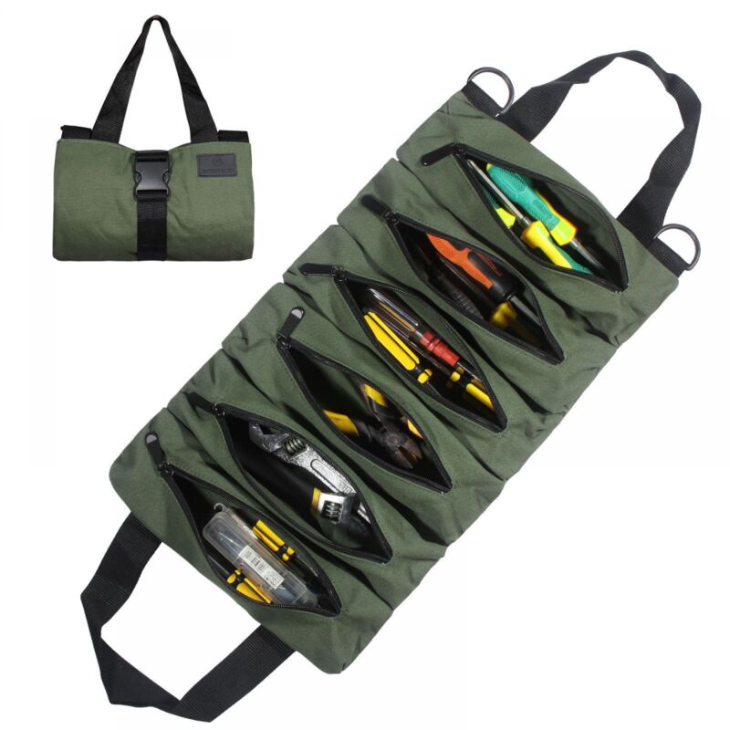 foto del prodotto  verde borsa portautensili arrotolabile in tela, multifunzione, portatile, con 6 tasche con cerniera, adatta per uso quotidiano in casa, lavorazione