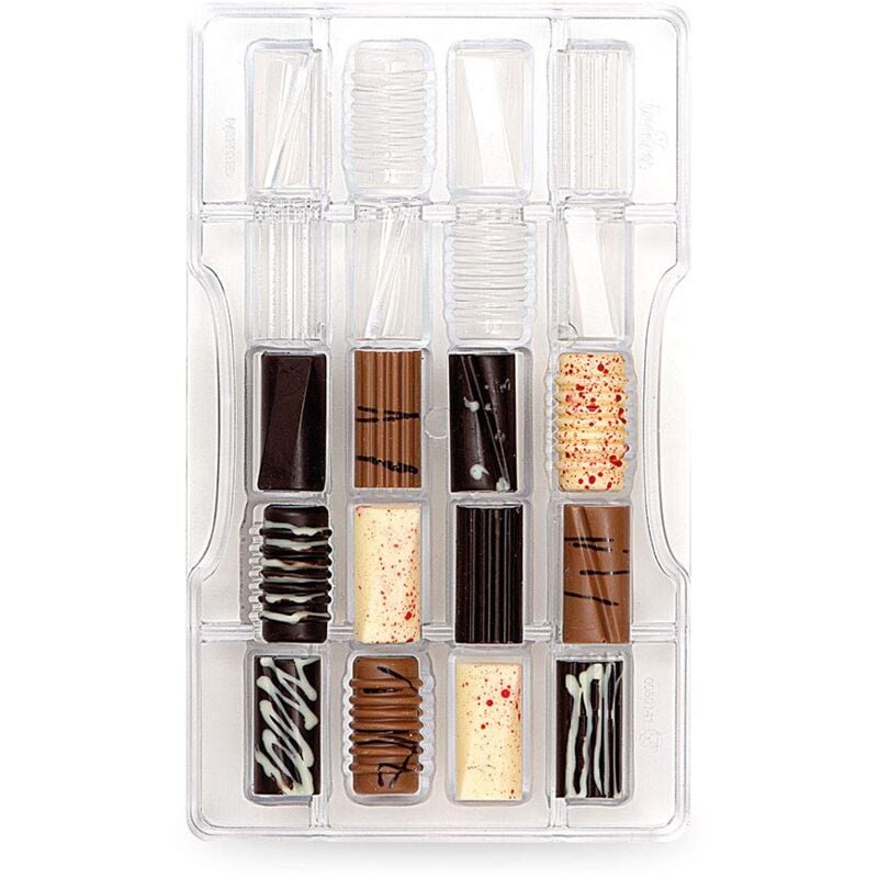 foto del prodotto 0050141 stampo professionale cioccolatino cilindri fantasia 20 cavit , 33 x 16 x 8 h 20 mm, in policarbonato, ideale per realizzare cioccolatini