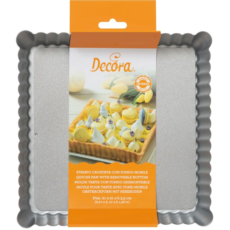 foto del prodotto 0070025 stampo per crostata di dimensioni 21 x 21 x 3,5 h cm, con fondo mobile in acciaio antiaderente, quadrata, rende facile sformare i dolci,
