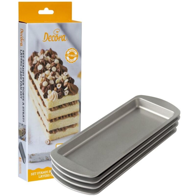 foto del prodotto 0070032 set 4 stampi antiaderenti rettangolari per torte a strati multicolor, 25,5 x 10,5 x 2 h cm. confezione da 4 pezzi. decora