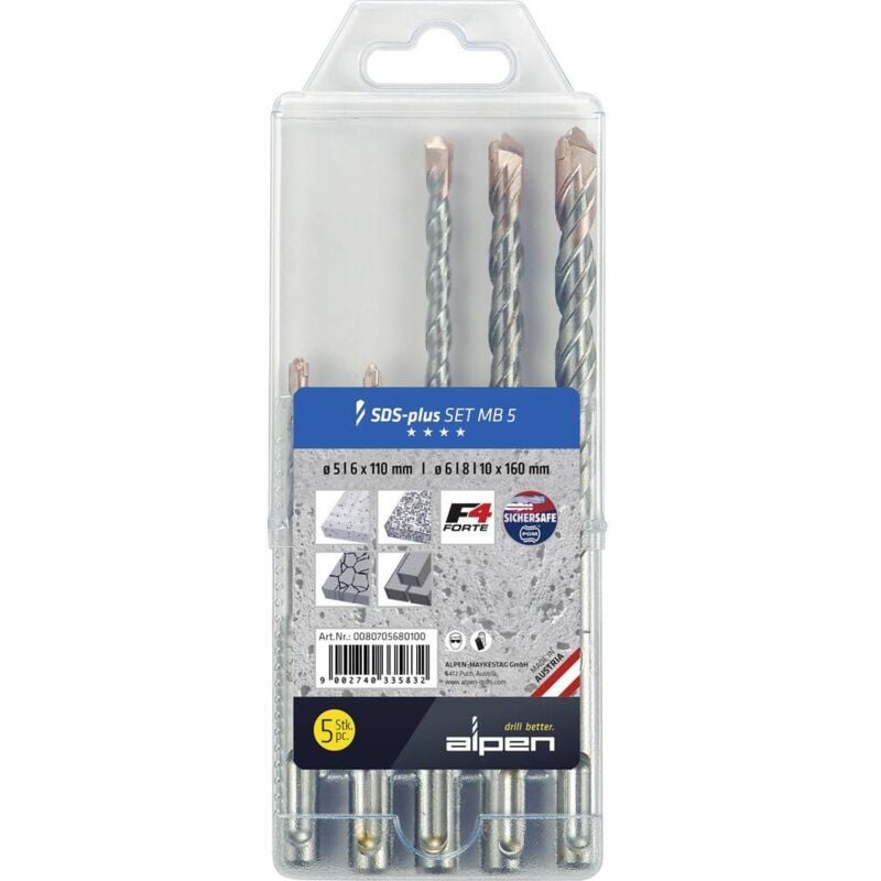 foto del prodotto 0080705680100 acciaio kit punte per calcestruzzo 5 mm, 6 mm, 8 mm, 10 mm sds plus 1 kit alpen