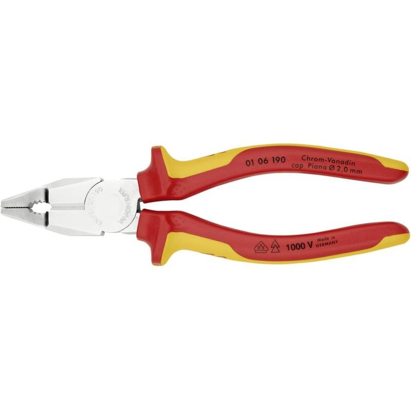foto del prodotto 01 06 190 pinza universale cromo vanadio isolati con manici rivestiti in materiale bicomponente, collaudati vde cromata 190 mm