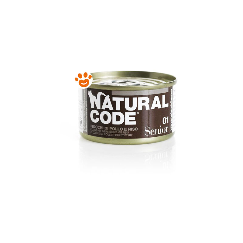 foto del prodotto 01 cat senior ai fiocchi di pollo 01 cat senior ai fiocchi di pollo lattina da 85 gr natural code