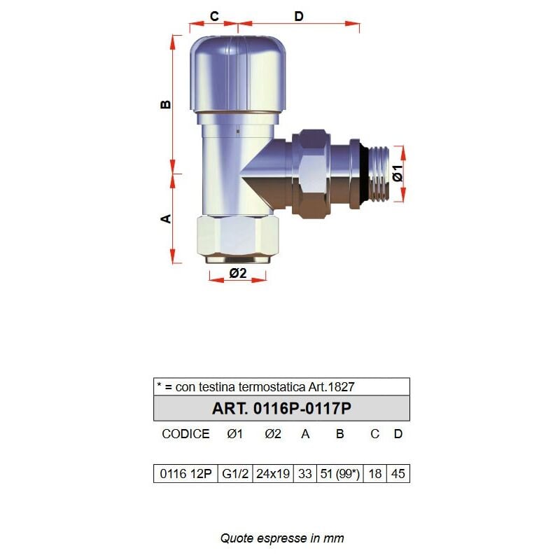 foto del prodotto 0116 - valvola termostatizzabile cromata a squadra completa di calotta - misura 1 2 0108 12p