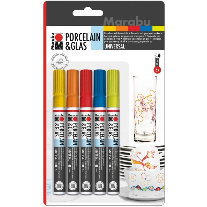 foto del prodotto 012300082, set fantasy di 5 pennarelli per porcellana e vetro, punta universale 1 2 mm, colori assortiti marabu