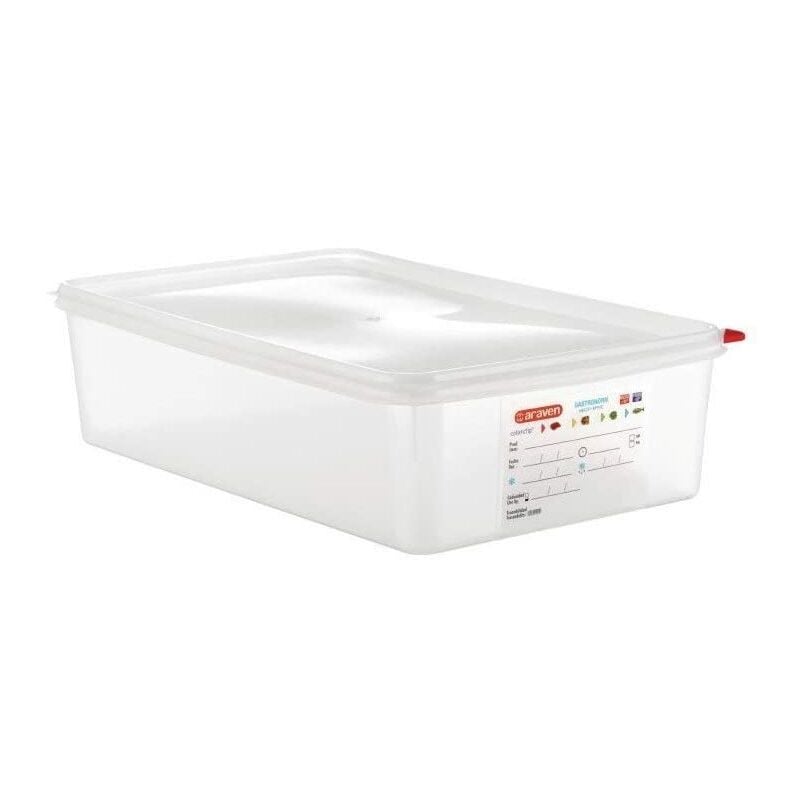 foto del prodotto 03354 pp contenitore per alimenti con coperchio, gn 1 1, 13.7 l, 100 mm, manico confezione da 4 , araven