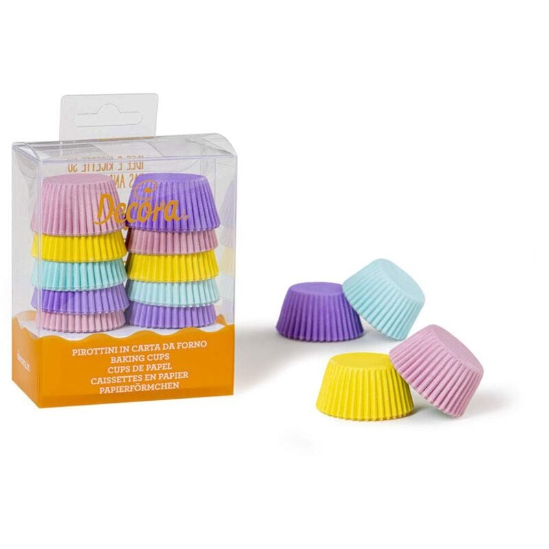 foto del prodotto 0339744 pirottini, mini muffin colori pastello, comodissimi pirottini in carta da forno, per cuocere, presentare e regalare dolcetti, resistono fino