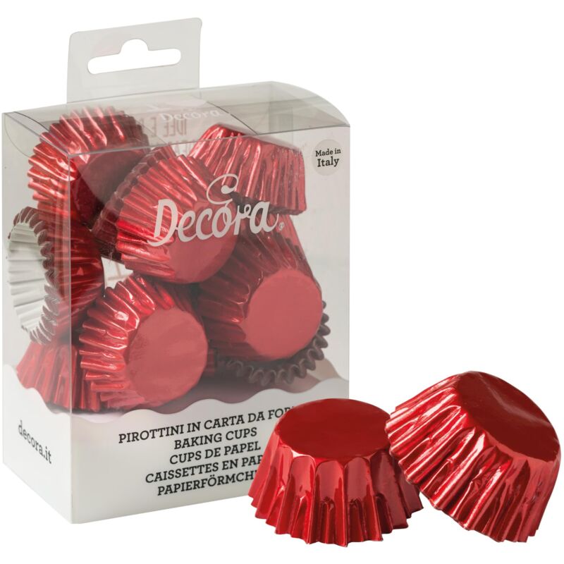 foto del prodotto 0339797 confezione da 180 pirottini bon bon rosso metallic da 27 x 17 mm, per cuocere, presentare e regalare muffin e dolcetti, resistono fino a