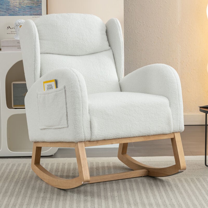 foto del prodotto 049 sedia a dondolo moderna con rivestimento in tessuto teddy seduta imbottita per soggiorno camera da letto bianca