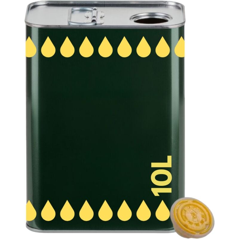 foto del prodotto 1 lattina per olio di oliva, verde con litografia gocce oro, in metallo, contenitore alimentare, latta da 10 litri con tappo ermetico e maniglia