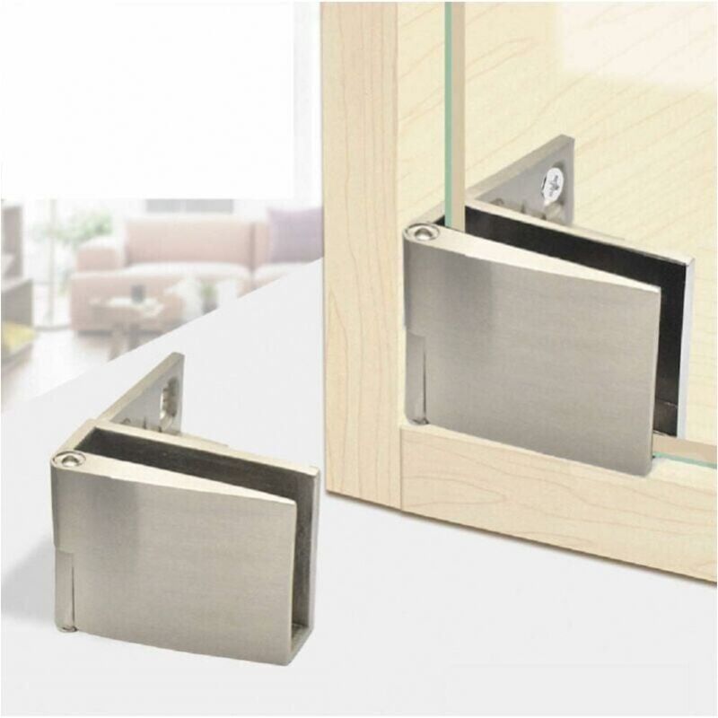 foto del prodotto 1 paio di cerniere per porte in vetro per seminterrato senza telaio, montaggio laterale, cerniera per porta in vetro integrata, nichel spazzolato