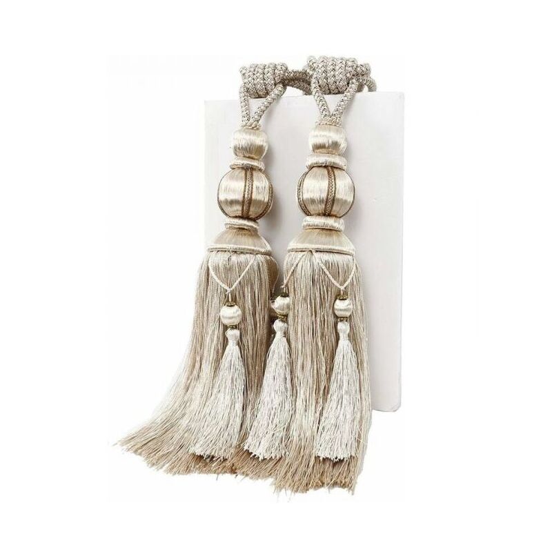 foto del prodotto 1 paio di fermatende in corda beige fatti a mano con nappe per tende da finestra, decorazioni per casa e ufficio