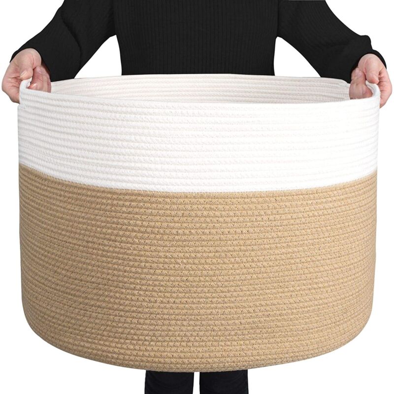 foto del prodotto 1 pc grande cesto in corda di cotone per soggiorno cesto portaoggetti intrecciato con manico per coperte, asciugamani e cuscini cesto per la