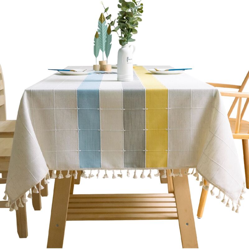 foto del prodotto 1 pezzo 60x60cm, blu grigio giallo tovaglia in cotone e lino tinta unita a quadri con ricamo a nappa tovaglia in cotone e lino decorazione per
