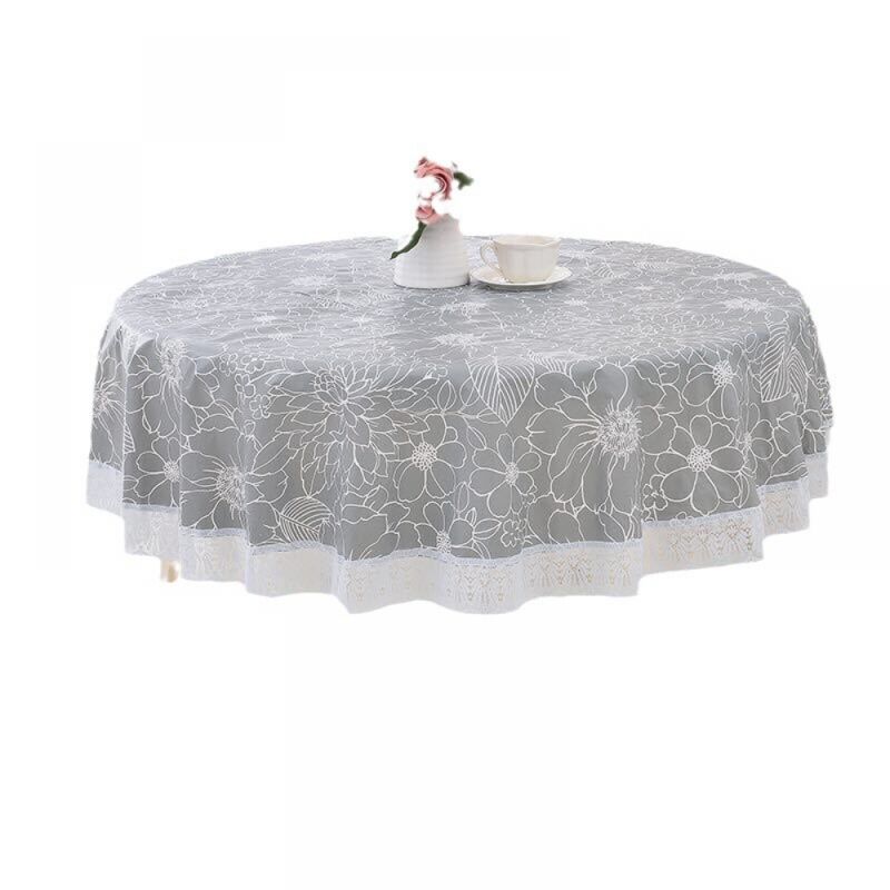 foto del prodotto 1 pz. tovaglia in tela cerata grigia rotonda in pvc con motivo in pizzo floreale, impermeabile e antimacchia, tovaglia rotonda in linoleum per