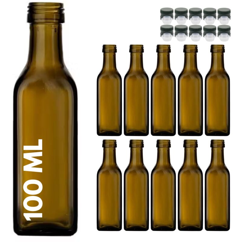 foto del prodotto 10 bottiglie marasca in vetro scuro uvag, bottiglia per campioncini di olio e liquori da 100 ml con tappo dosatore acquaverde