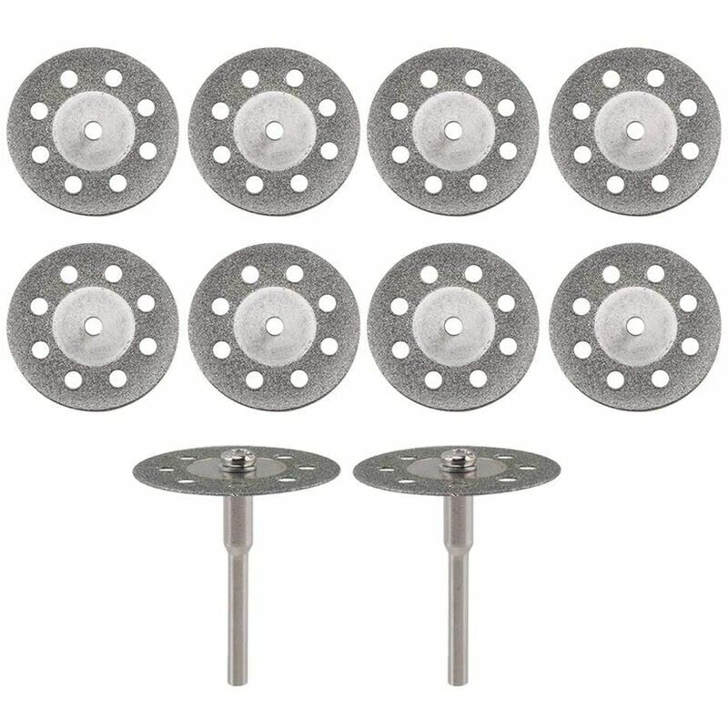 foto del prodotto 10 dischi da taglio diamantati diametro 22 mm con 2 mandrini da 3 mm sostitutivi per utensili rotanti dremel, modello argento