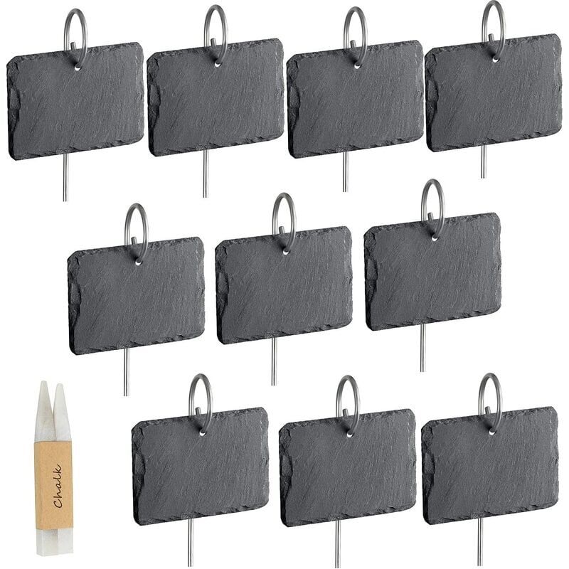 foto del prodotto 10 etichette per piante in ardesia, marcatori per piante da giardino, etichette naturali per piante con picchetti in metallo e pennarelli a gesso per