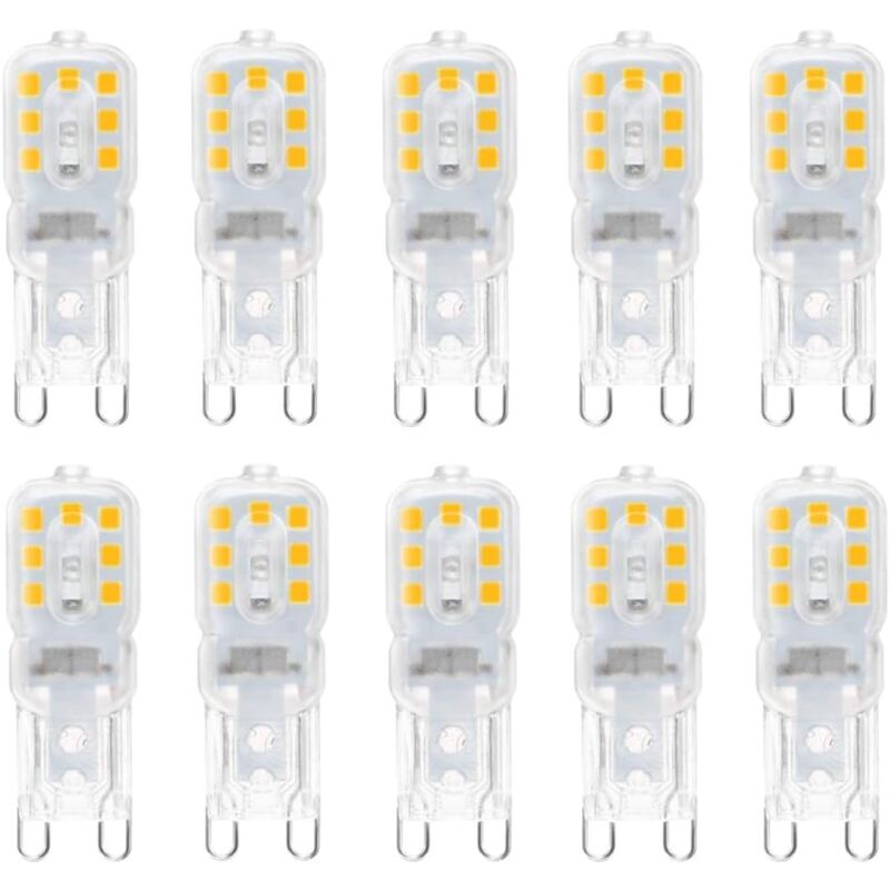 foto del prodotto 10 lampadine led g9 da 3 w, equivalenti a lampadine alogene da 33 w, luce calda 3000 k, non dimmerabili, angolo del fascio luminoso di 360 