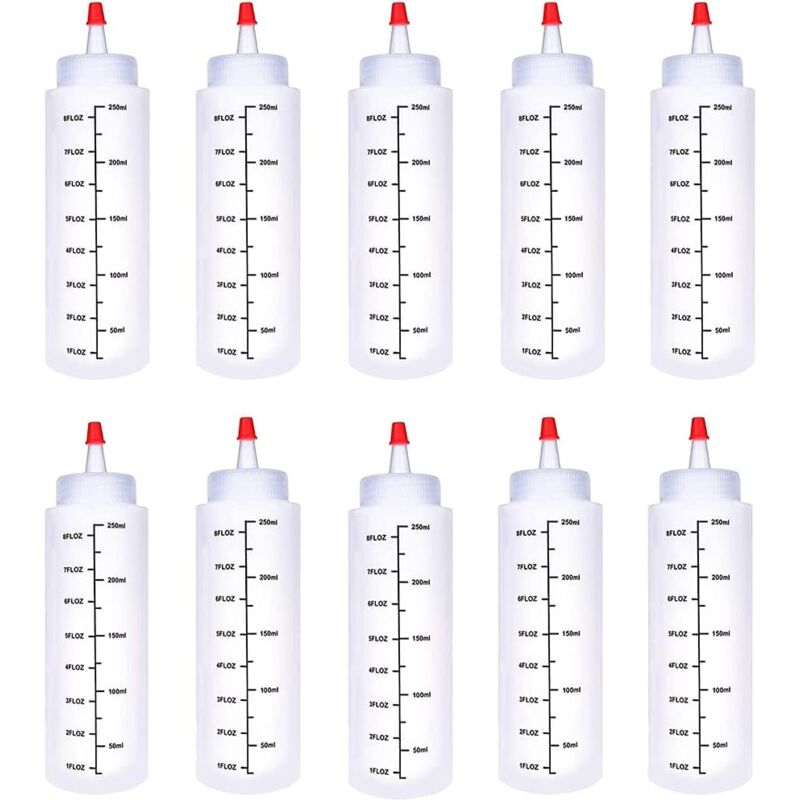 foto del prodotto 10 pezzi 250 ml dispenser per salse condite, bottiglie di ketchup, bottiglie di plastica riutilizzabili per condimenti con scala e coperchi a vite