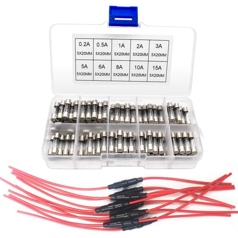 foto del prodotto 10 pezzi 5x 20mm agc portafusibili in linea tipo a vite in linea con filo 22 awg 100 pezzi 5x 20mm fusibili in vetro a rottura rapida 0,2a 0,5a 1a