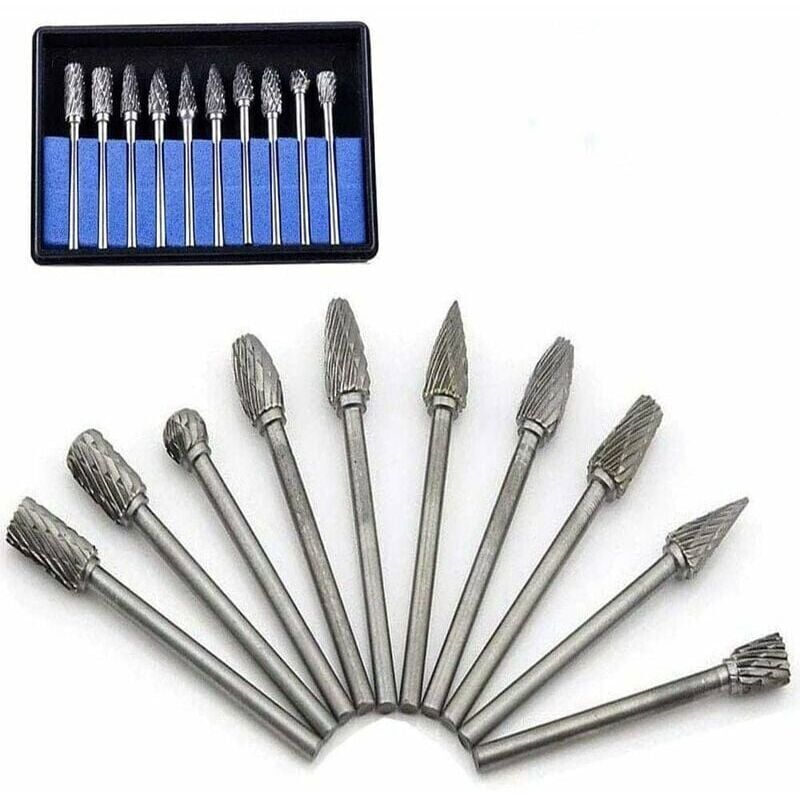 foto del prodotto 10 pezzi di set di teste di rettifica per frese rotanti in carburo di tungsteno per utensili rotanti dremel, foratura e lucidatura dei metalli