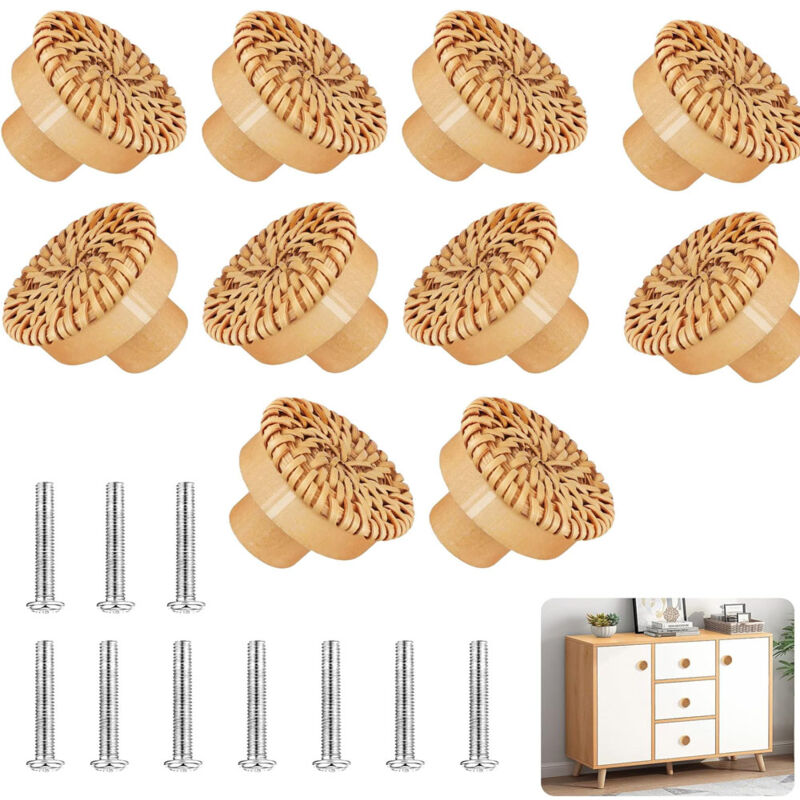 foto del prodotto 10 pezzi pomelli in rattan pomelli per mobili, legno rattan manopole rotonde, pomello per armadio da cucina per armadio, porta, cassetto