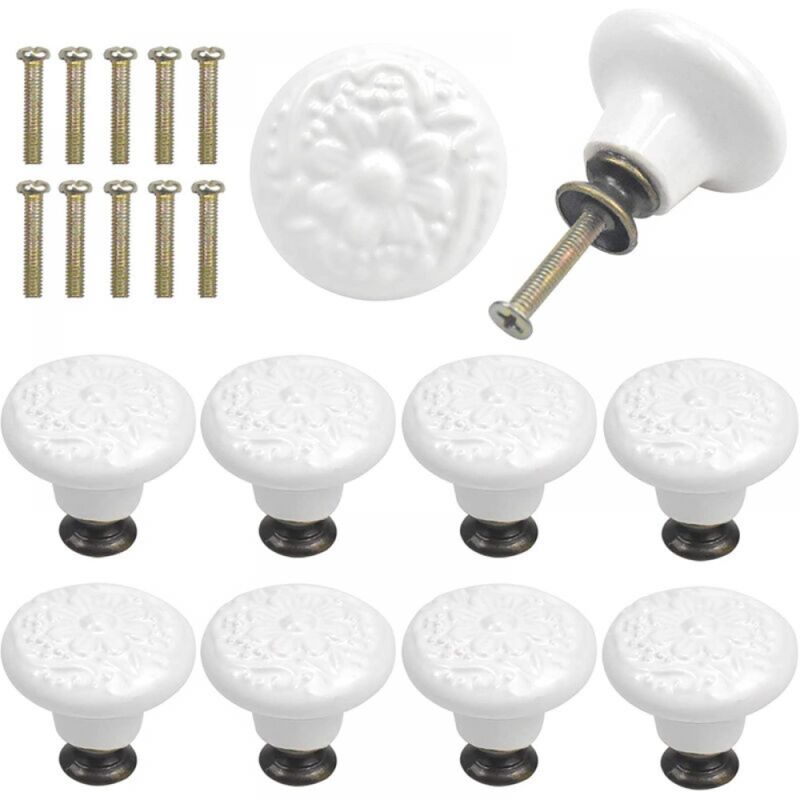 foto del prodotto 10 pezzi pomelli per cassetti in ceramica bianca con incisione vintage maniglia per porta dell armadio rotonda con viti