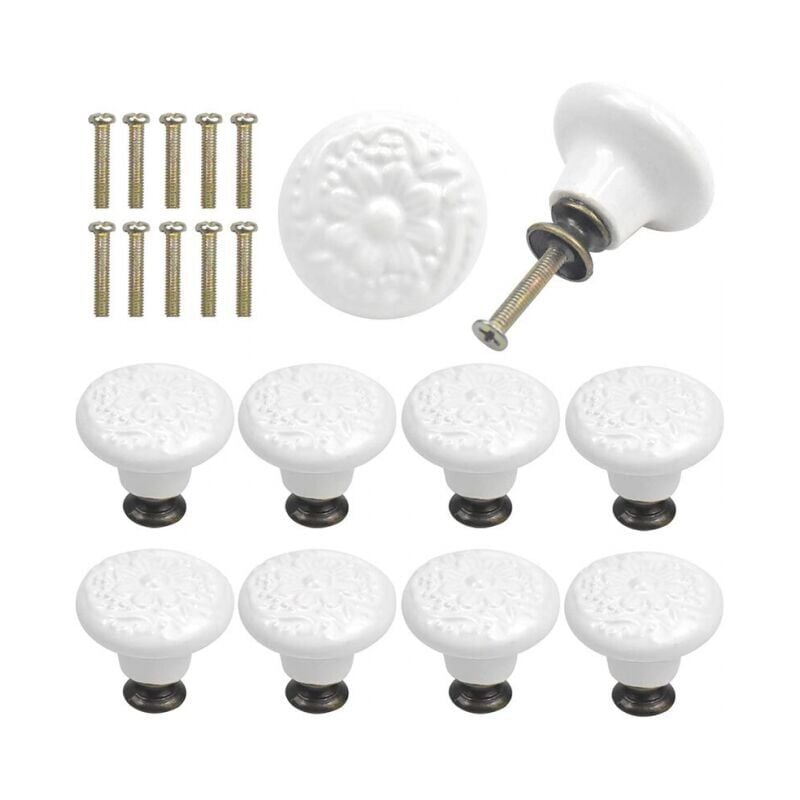 foto del prodotto 10 pezzi pomelli per cassetti in ceramica bianca incisa vintage, maniglia rotonda per porta di armadietto con viti