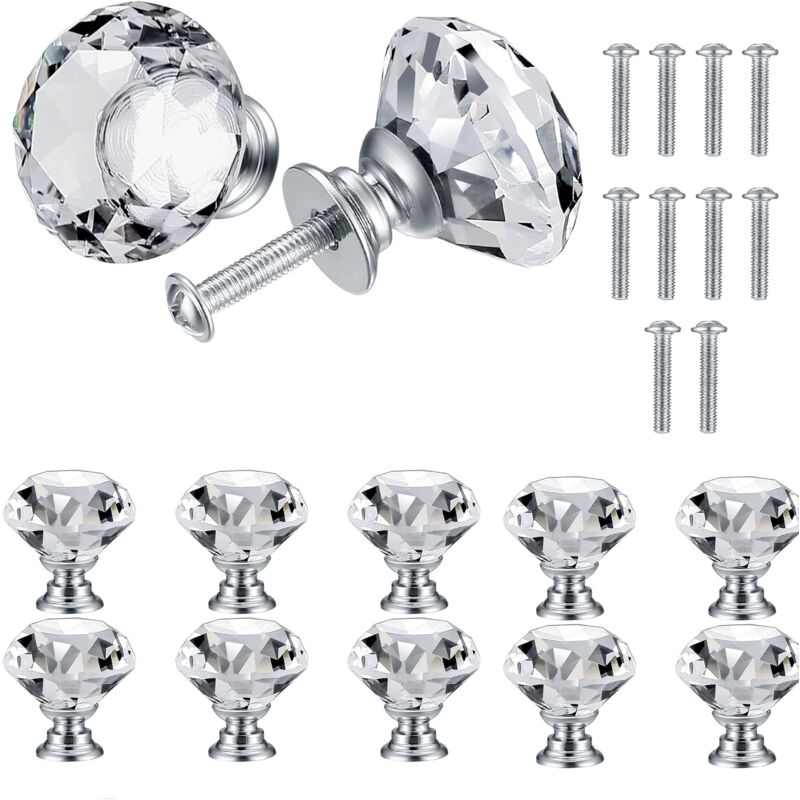 foto del prodotto 10 pezzi pomelli per mobili in vetro cristallo, maniglie per cassetti da 30 mm, manopole a forma diamanti con vite per cassetti, credenze, com ,
