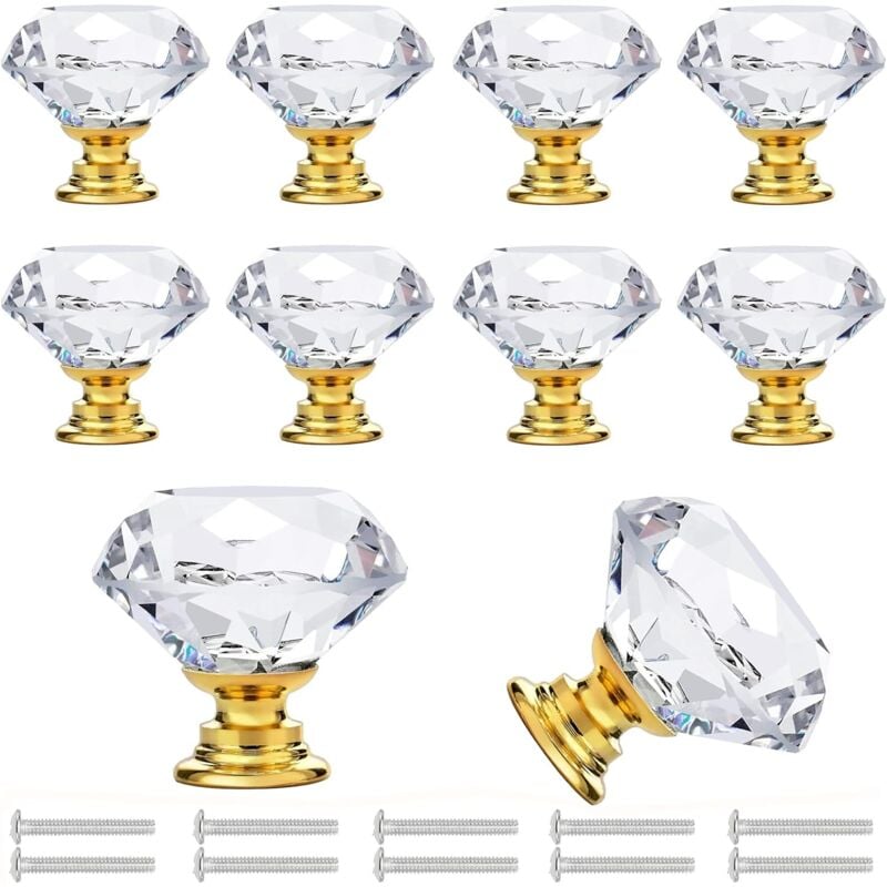 foto del prodotto 10 pezzi pomelli per mobili in vetro cristallo, maniglie per cassetti da 30 mm, manopole a forma diamanti con vite per cassetti, credenze, com ,