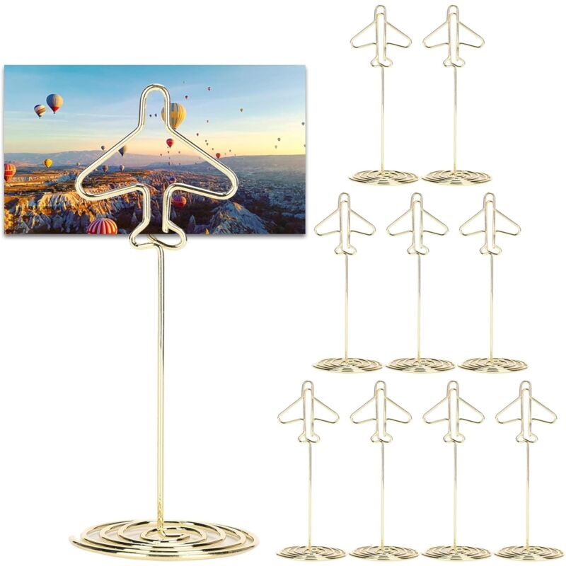 foto del prodotto 10 pezzi porta numeri da tavolo, porta numeri da tavolo, mini porta segnaposto, porta biglietti da tavolo, porta aereo dorato con base per feste,