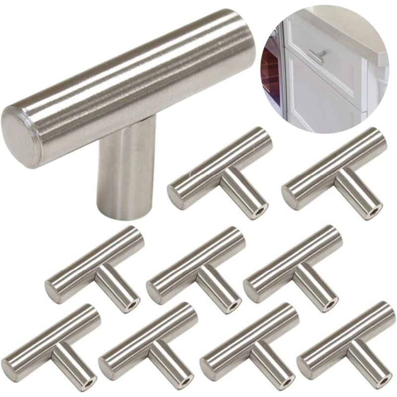 foto del prodotto 10 pomelli per cassetti forma di t, maniglie per mobili vintage, maniglia per armadi, guardaroba, bagno e cucina 50x32mm argento