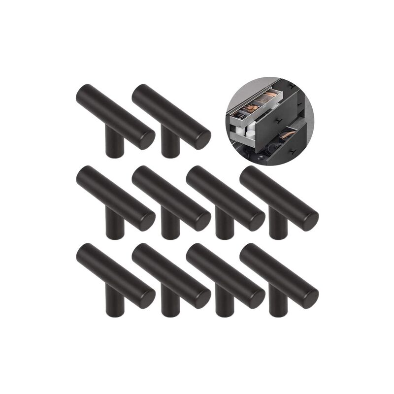 foto del prodotto 10 pomelli per cassetti forma di t, maniglie per mobili vintage, maniglia per armadi, guardaroba, bagno e cucina 50x32mm nero