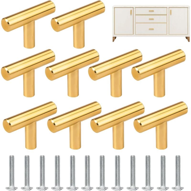 foto del prodotto 10 pomelli per cassetti forma di t, maniglie per mobili vintage, maniglia per armadi, guardaroba, bagno e cucina 50x32mm oro