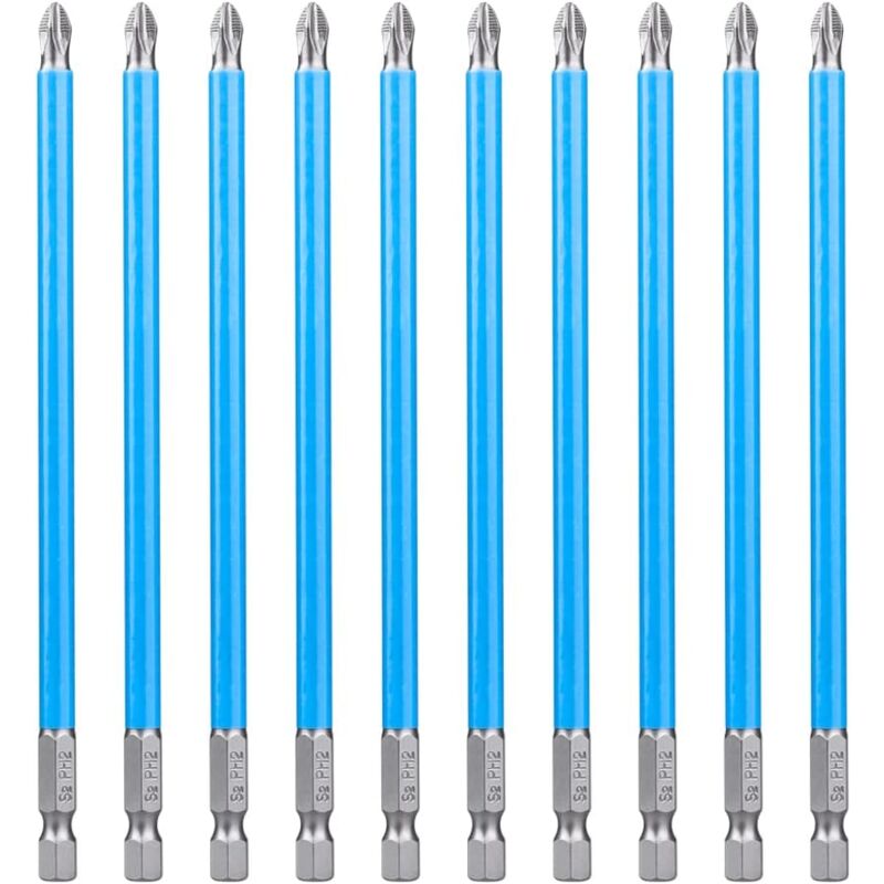 foto del prodotto 10 punte per cacciavite phillips da 150 mm, punte per cacciavite a impatto ph2, punte per cacciavite in acciaio s2 con gambo esagonale antiscivolo