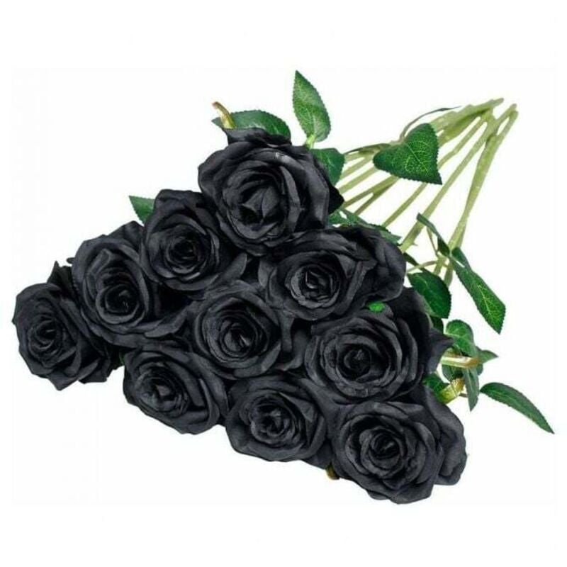 foto del prodotto 10 rose artificiali di seta (nere) a stelo singolo, realistiche, finte, per bouquet da sposa, composizioni floreali e decorazioni.