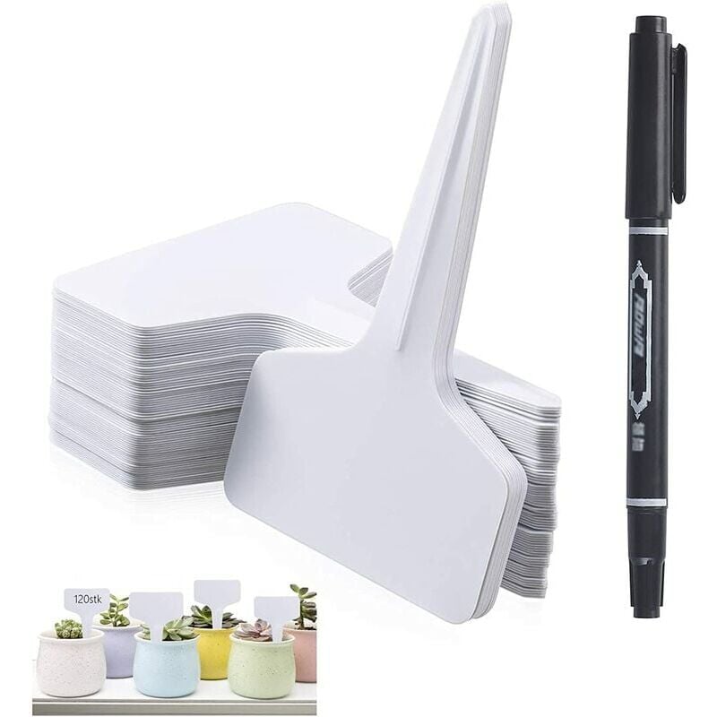 foto del prodotto 100 etichette per giardino esterno, marcatori per piante in plastica, tipo t, etichetta in plastica per orto, con penna impermeabile, etichettatura