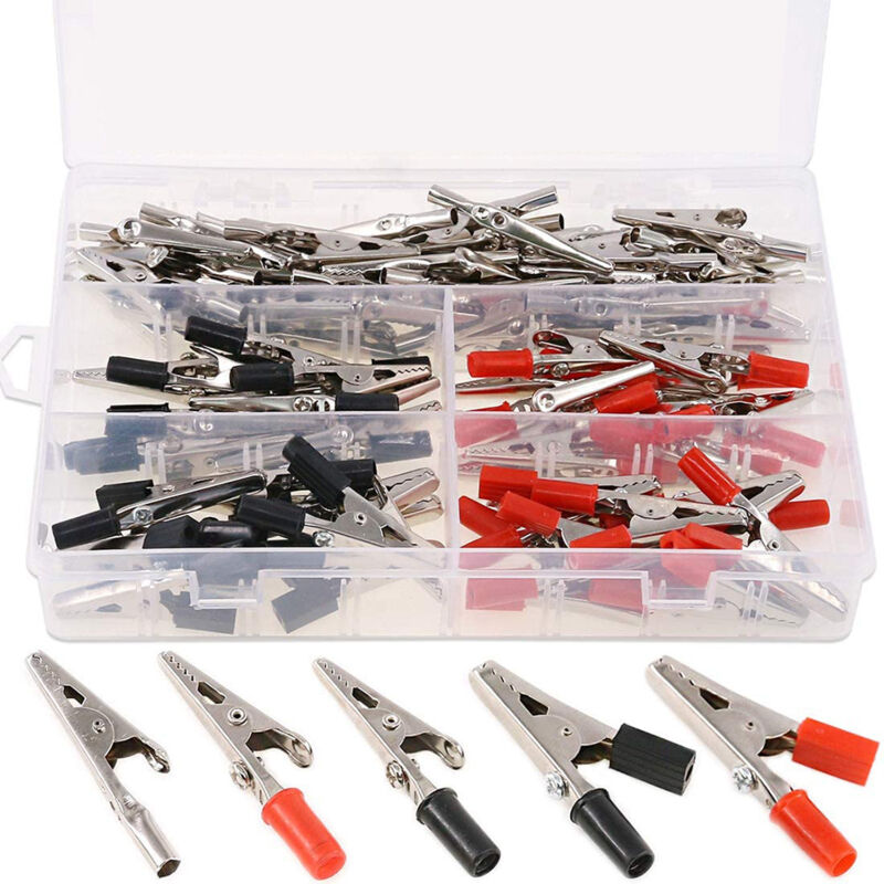 foto del prodotto 100 pezzi 3 stili 2,1 53 mm morsetti a coccodrillo in metallo kit assortimento morsetti di prova elettrici per test di laboratorio