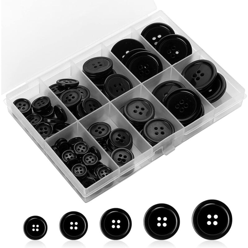 foto del prodotto 100 pezzi 4 fori bottoni rotondi in resina per cucire 5 diverse misure adatti per cucire abiti cappotti camicie e artigianato fai da te nero