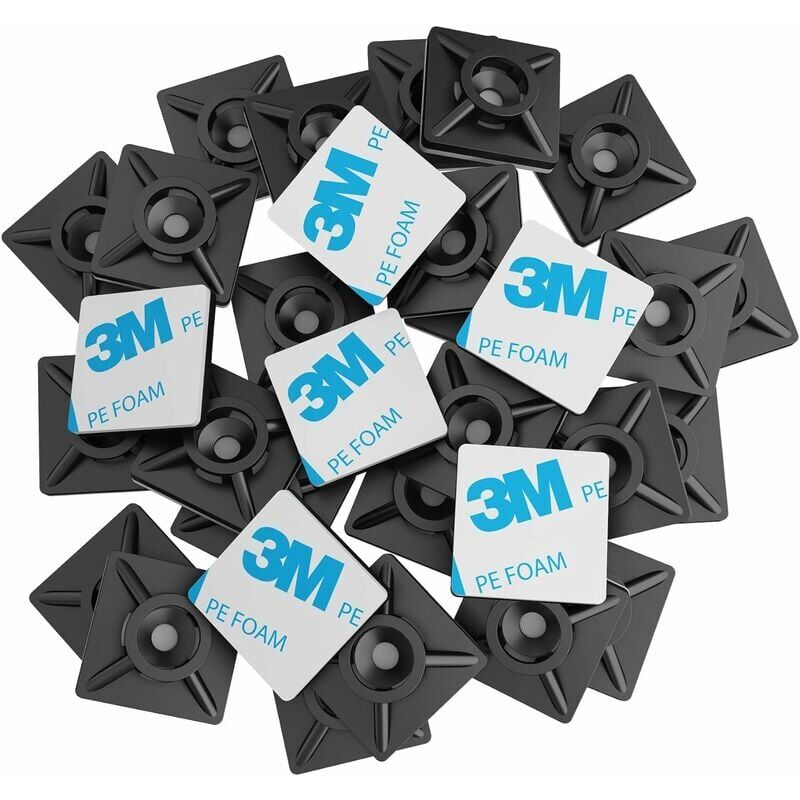 foto del prodotto 100 pezzi basi adesive per fascette, 20mm x 20 mm, nero, fascette autoadesive, supporto per fascette in plastica, base per fascette