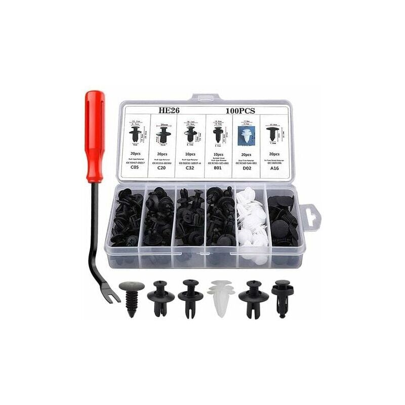 foto del prodotto 100 pezzi clip universali per auto, 6 strumenti clip di fissaggio per auto, rivetto in plastica, clip per corpo per kit di sostituzione spinta