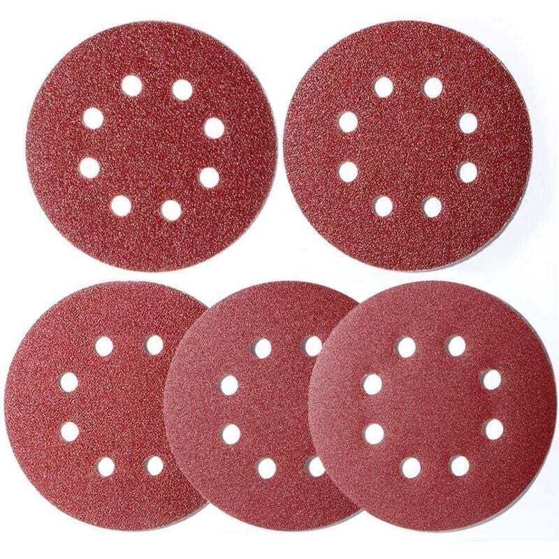 foto del prodotto 100 pezzi di carta vetrata per levigatrice orbitale casuale con velcro da 125 mm, dischi abrasivi rotondi con velcro da 125 mm a 8 fori per