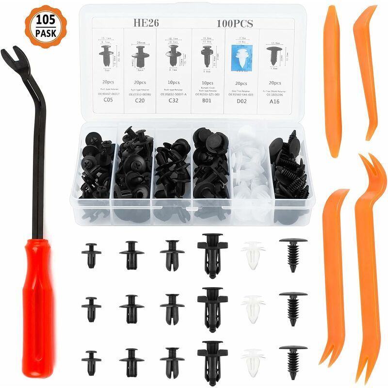 foto del prodotto 100 pezzi di clip di fissaggio per auto, clip per rivetti in plastica per auto, clip di fissaggio per auto e 4 pezzi di strumenti di rimozione per