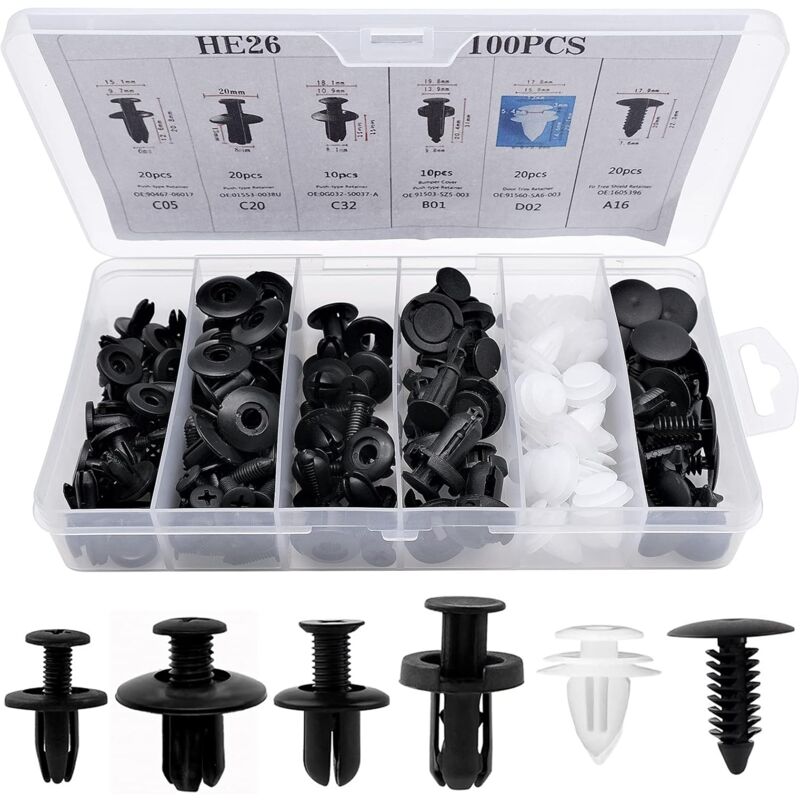 foto del prodotto 100 pezzi di clip per rivetti in plastica, clip per auto, elementi di fissaggio per paraurti, clip per rivetti, rivetti in plastica, elementi di