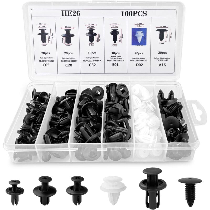 foto del prodotto 100 pezzi di clip universali per auto, 6 misure di clip di fissaggio per auto, rivetti in plastica, clip per carrozzeria per paraurti, parafango,