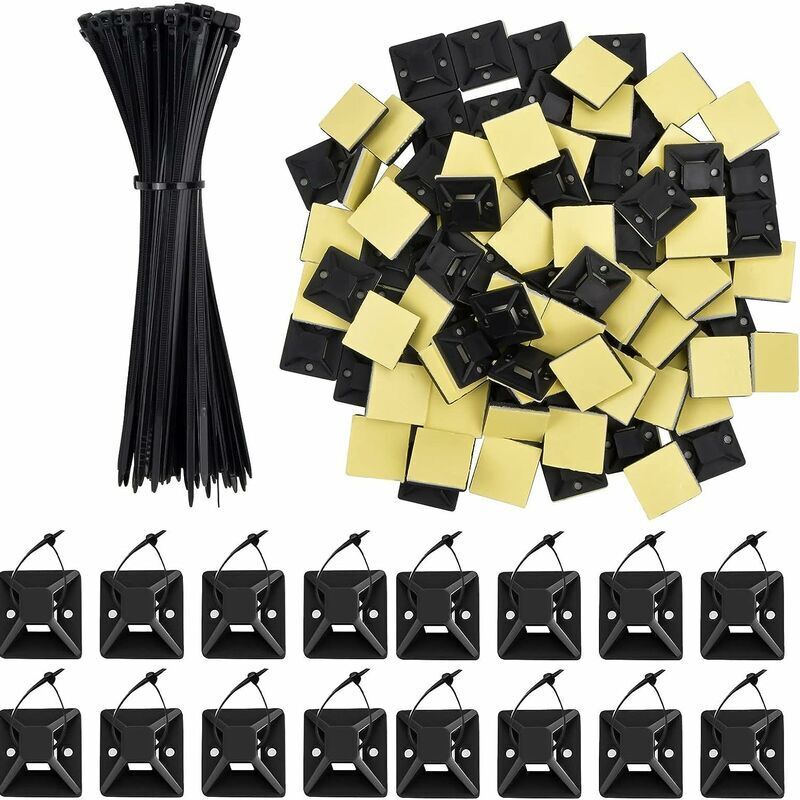 immagine 0 del prodotto 100 pezzi di fascette adesive in nylon, fascette nere, supporti per morsetti per cavi con 100 basi adesive per cavi per cavi interni ed esterni,