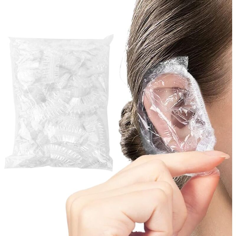 foto del prodotto 100 pezzi di paraorecchie monouso in plastica trasparente impermeabile con elastico per tinture per capelli, docce, nuoto, saloni di bellezza.