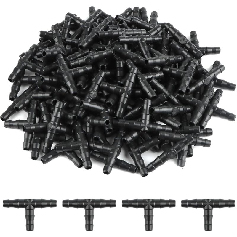 foto del prodotto 100 pezzi di raccordo a t per tubo flessibile da 4 7 mm raccordo a t per irrigazione, ugello atomizzatore, gocciolatore, giunto per irrigazione a