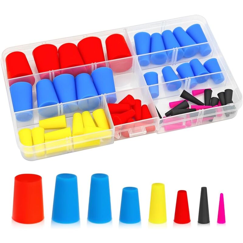 foto del prodotto 100 pezzi di tappi conici in gomma siliconica, kit di assortimento di tappi conici protettivi in gomma siliconica ad alta temperatura, bebusingoto